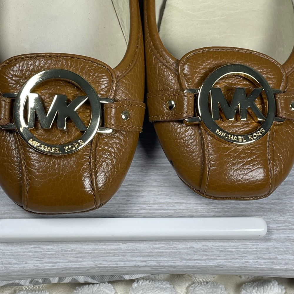Michael Kors Fulton Ballet Flats Brown Leather Shoes Gold MK Logo Size 8M - Picture 7 of 7